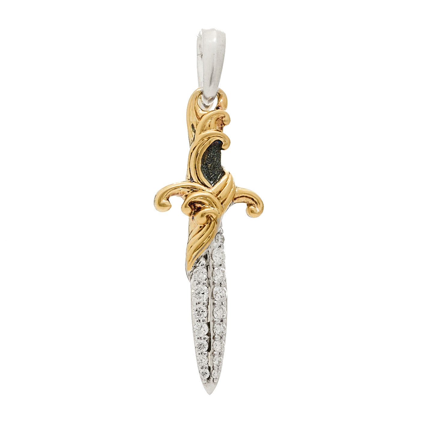 Sterling Silver 18K Yellow Gold Diamond Waves Dagger Amulet Pendant