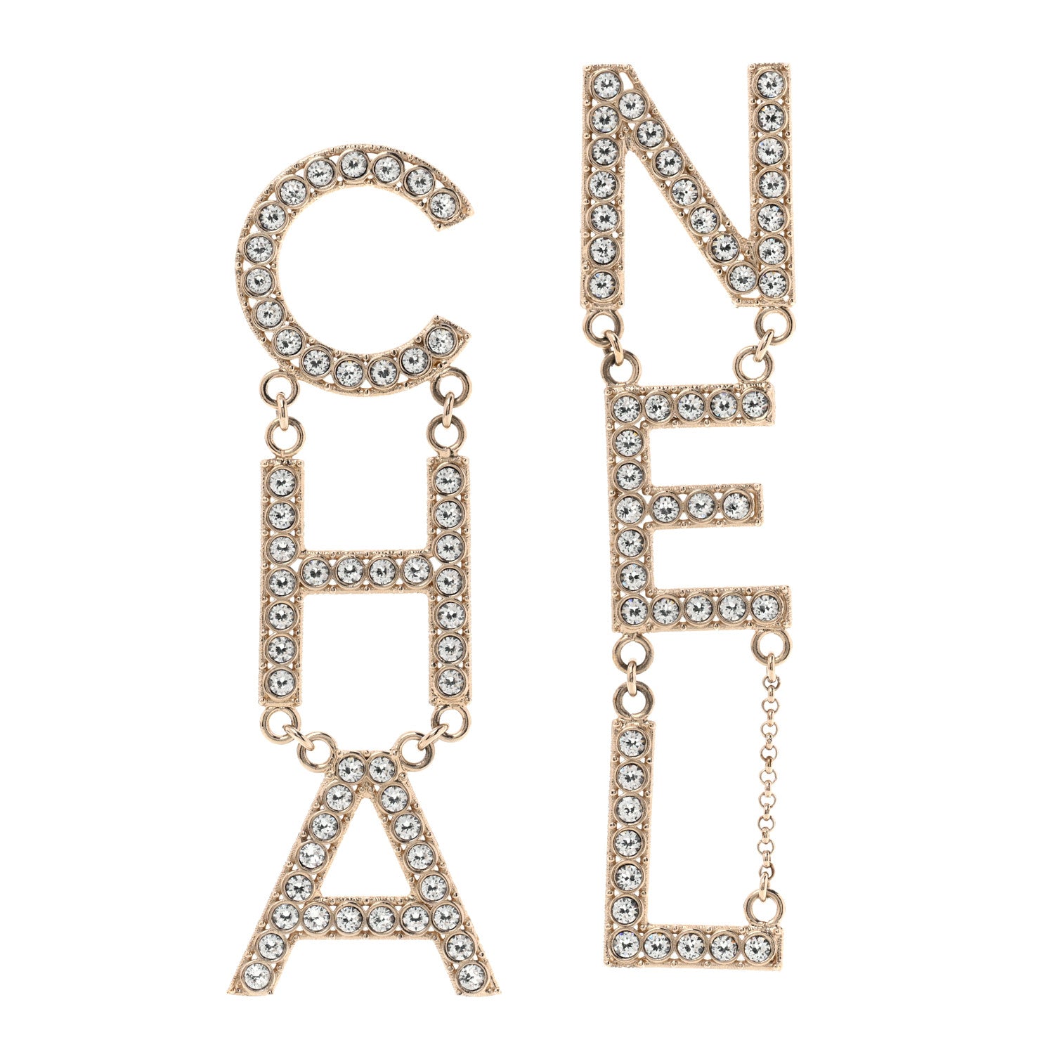 Chanel Crystal Cha-Nel Logo Drop Earrings Gold 1 of 6