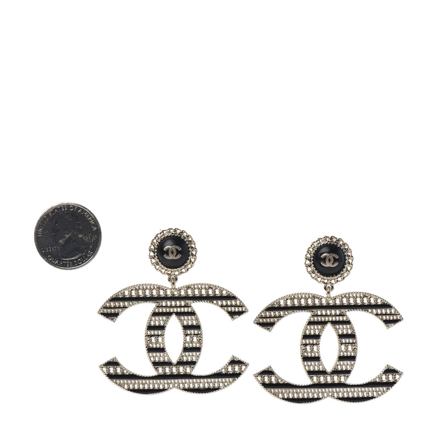 Metal Enamel Chain CC Clip On Earrings Gold Black