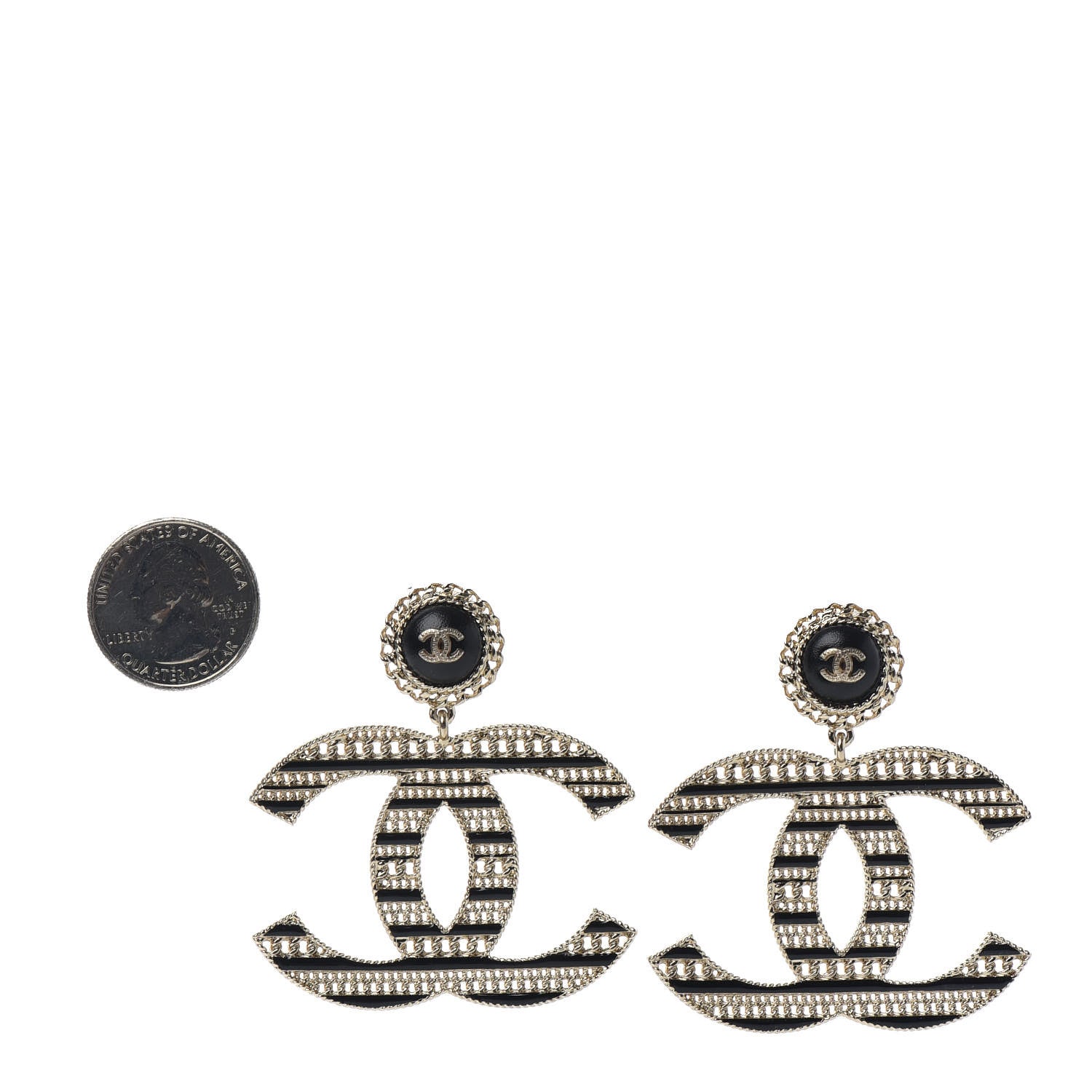 Chanel Metal Enamel Chain CC Clip On Earrings Gold Black 2 of 4