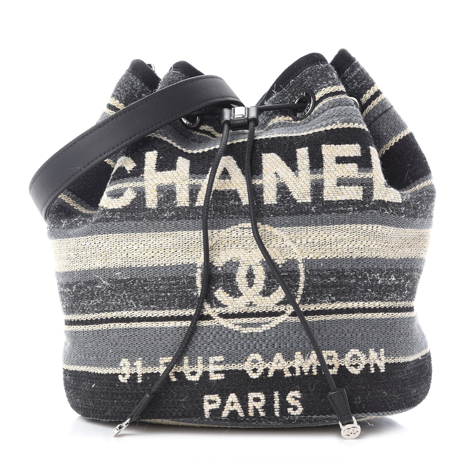 Chanel Striped Canvas Deauville Drawstring Bag Grey Black 1 of 9