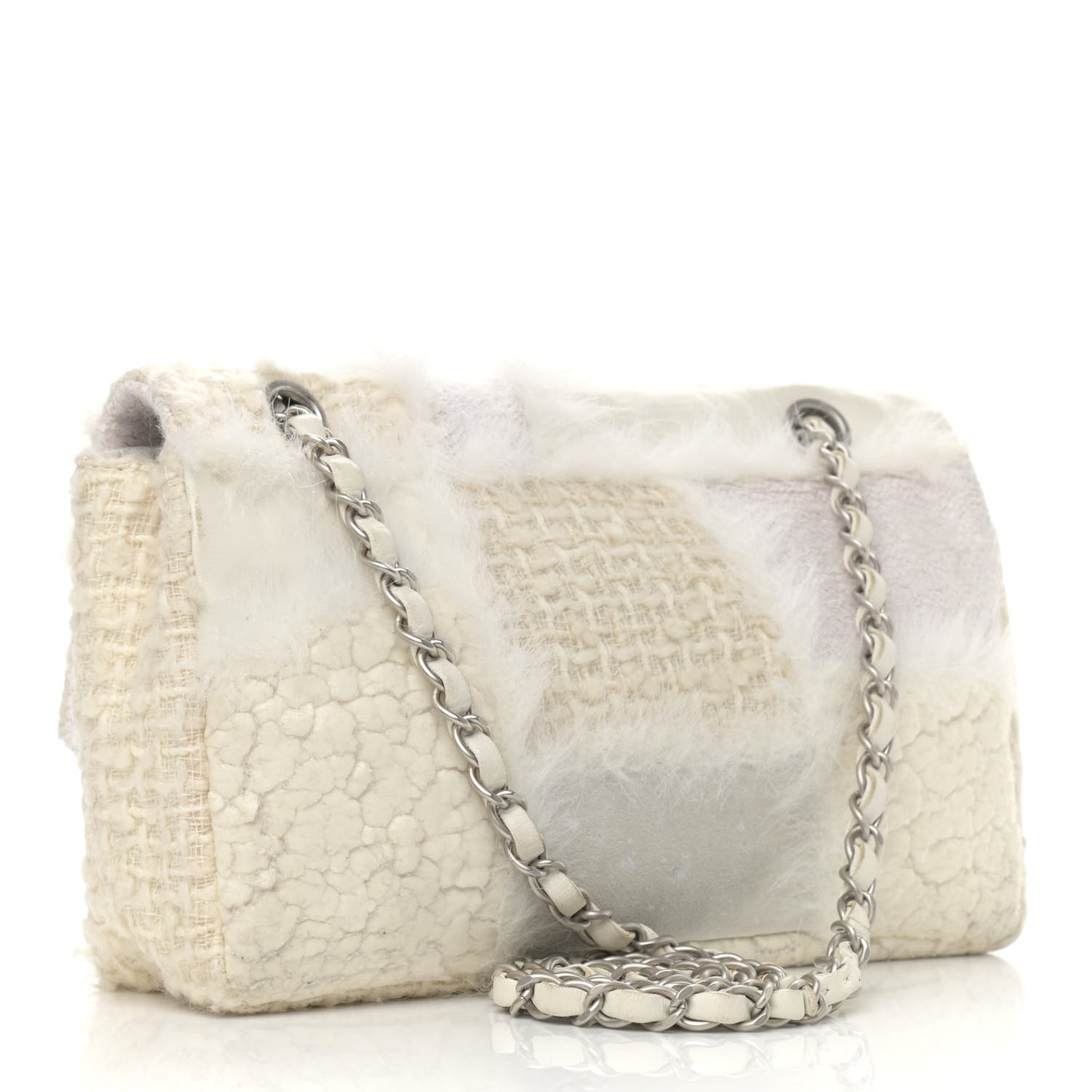 Tweed Faux Fur Patchwork Medium Single Flap White