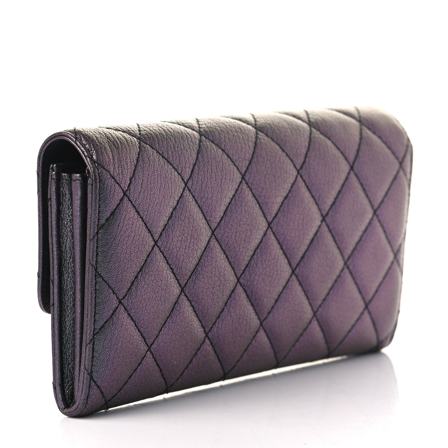Iridescent Goatskin Quilted Large Flap Wallet Purple