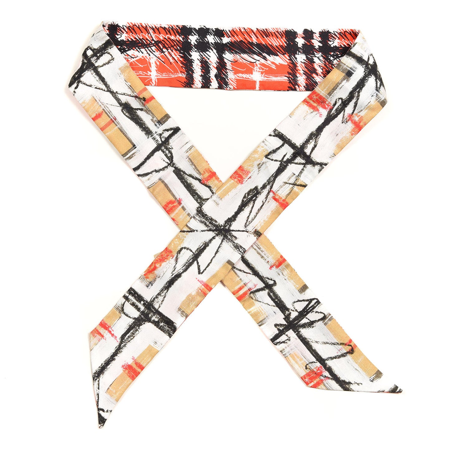 Silk Disruptive Check Scribble Print Skinny Scarf Bright Red