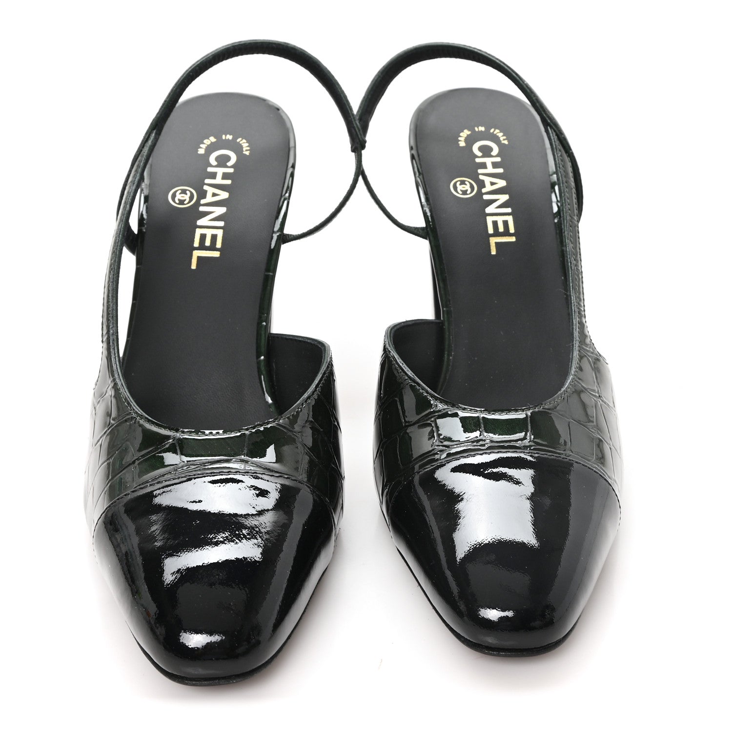 【値下げ】CHANEL ブラック ポインテッドトゥ ハイヒール 36. 23cm Chanel Patent Calfskin Crocodile Embossed Cap Toe CC Slingback 40