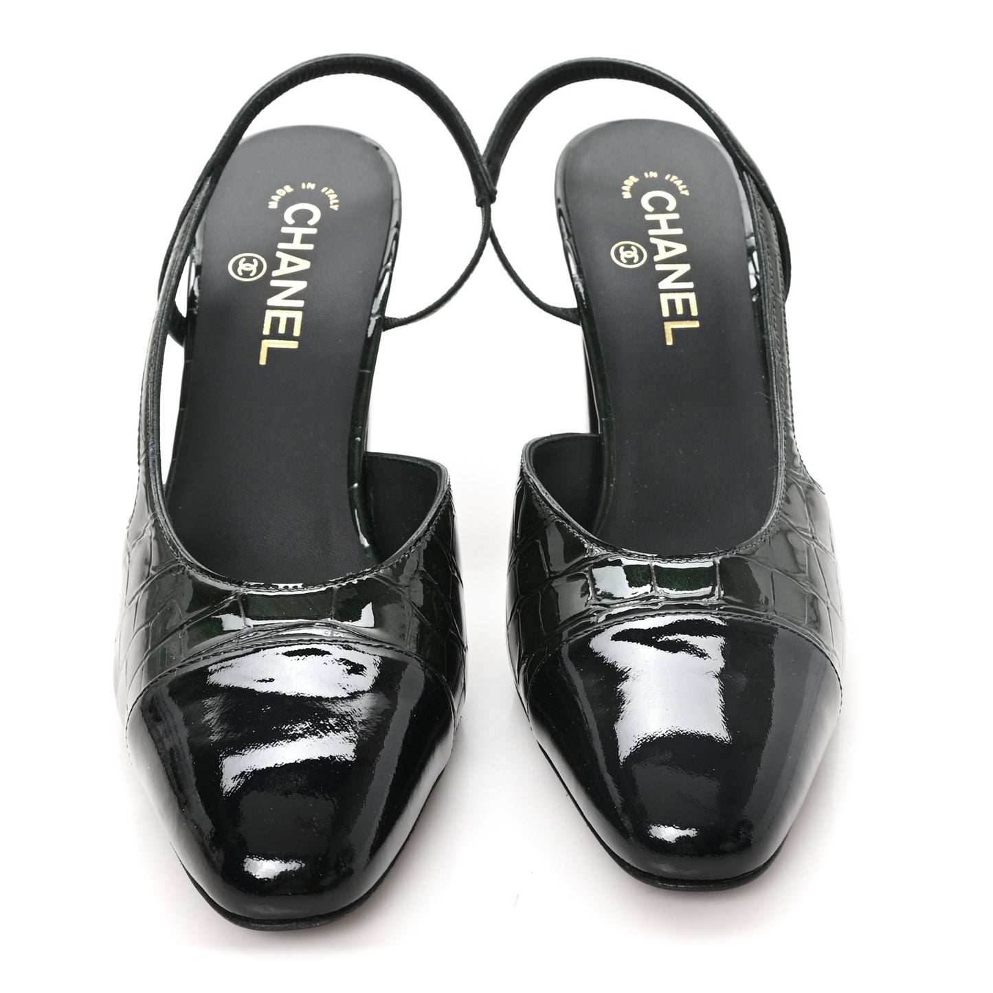 Patent Calfskin Crocodile Embossed Cap Toe CC Slingback 40 Dark Green Black