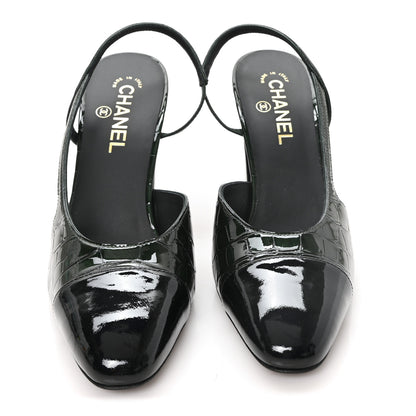 Chanel Patent Calfskin Crocodile Embossed Cap Toe CC Slingback 40 Dark Green Black 3 of 10