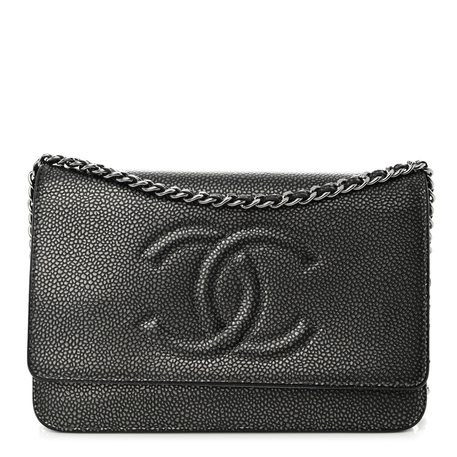Chanel Metallic Caviar Timeless CC Wallet On Chain WOC Grey 1 of 13