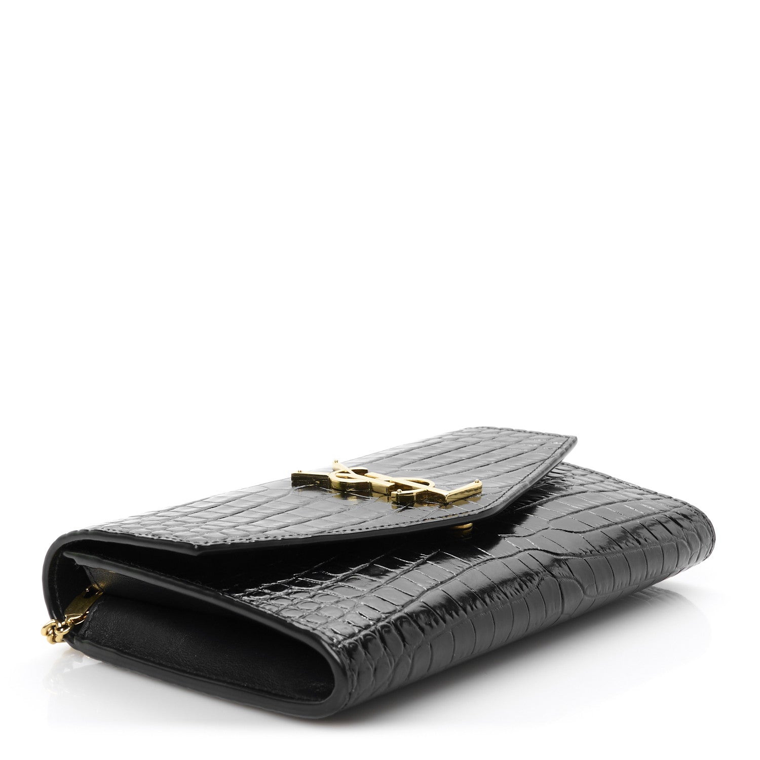Saint Laurent Calfskin Crocodile Embossed Monogram Uptown Chain Wallet Black 5 of 12