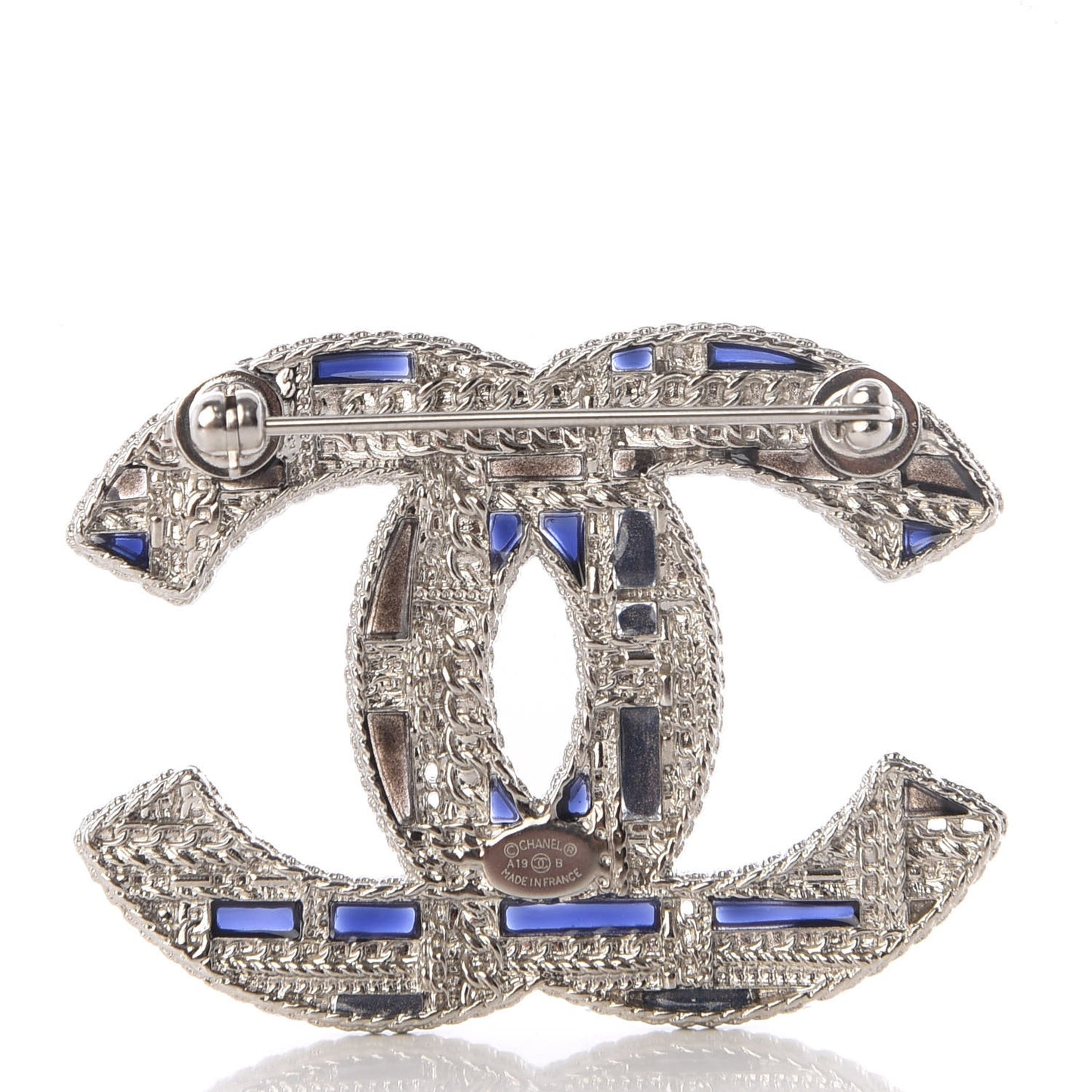 Crystal Pearl CC Tweed Brooch Silver Black