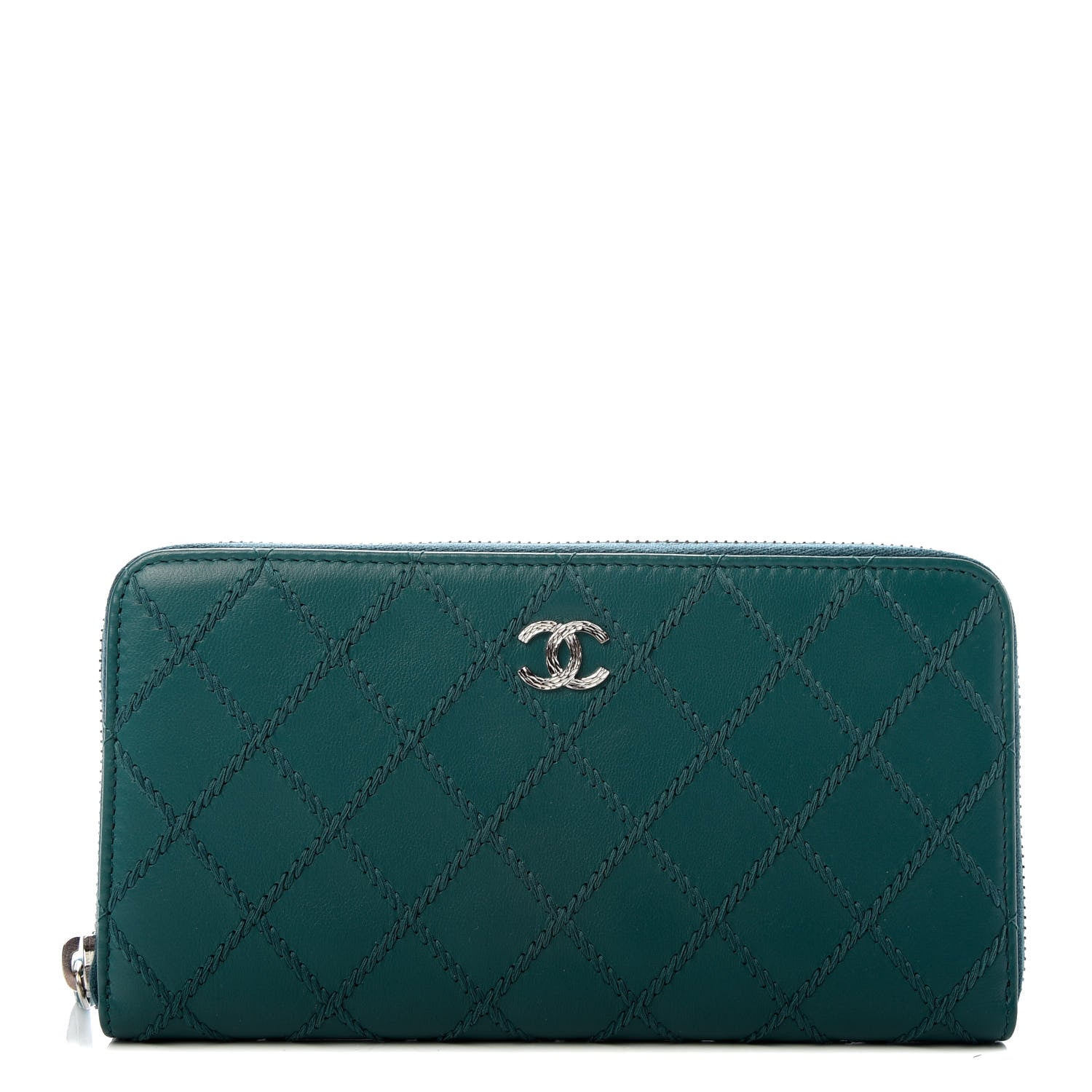 Chanel Lambskin Diamond Stitched Large Zip Around Wallet Dark Green 1 of 9