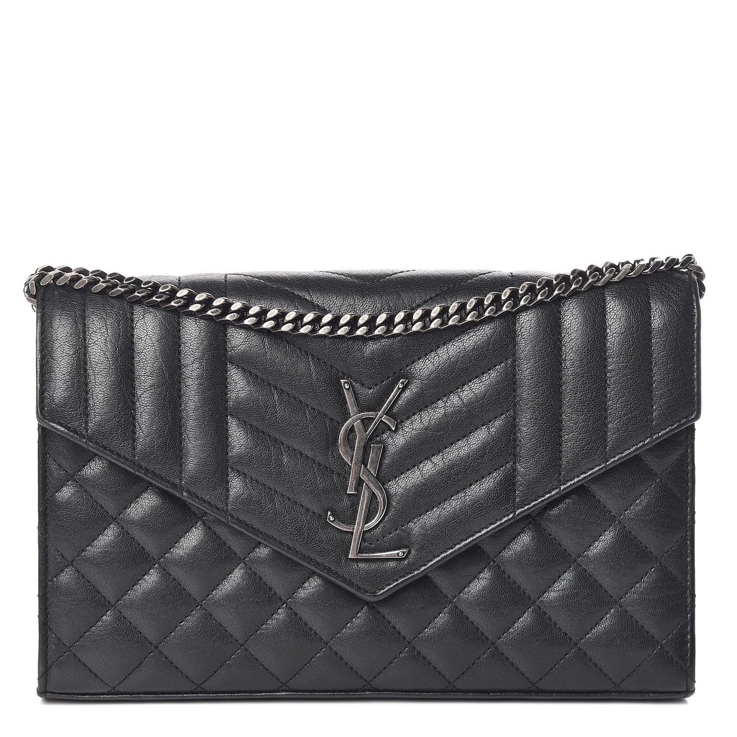 Sheepskin Tri-Quilt Monogram Envelope Chain Wallet Black