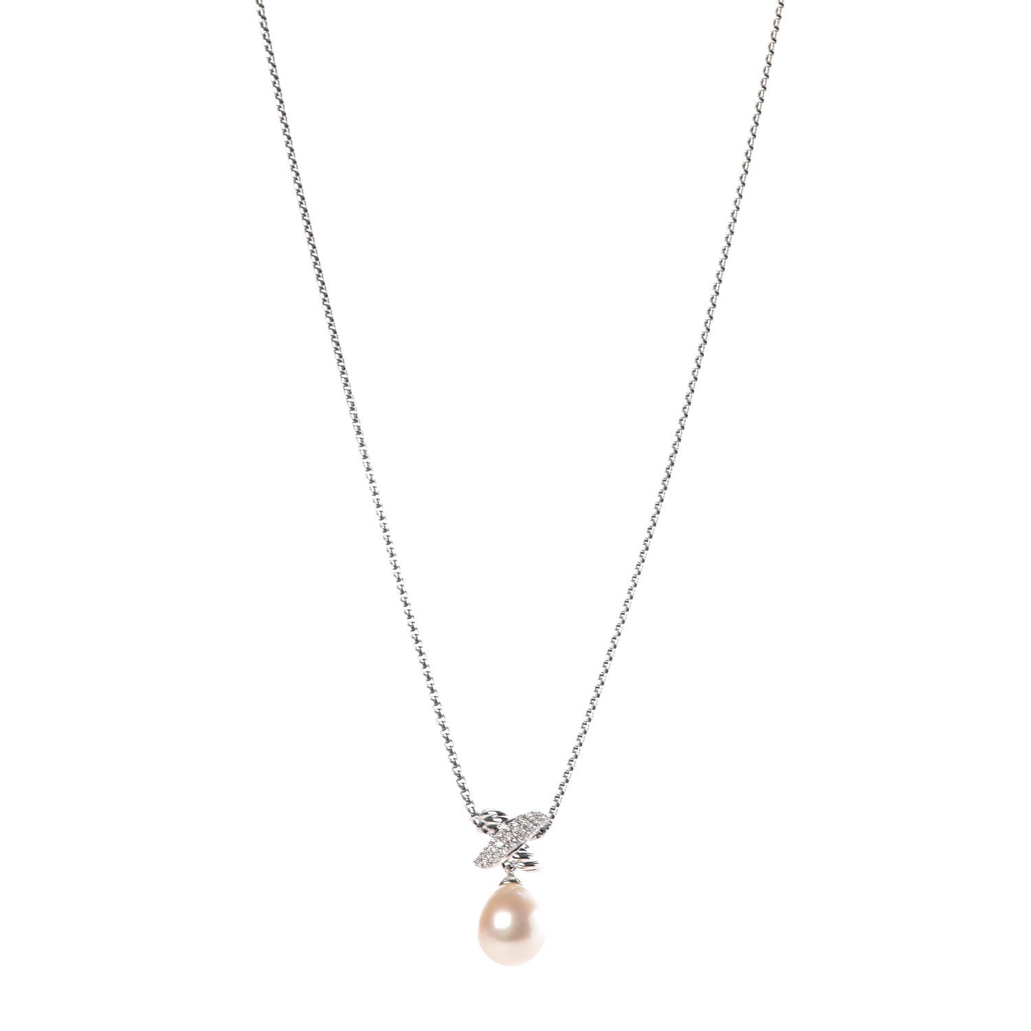 David Yurman Sterling Silver Pearl Diamond 25mm X Pendant Necklace 1 of 6