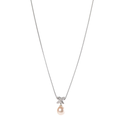 David Yurman Sterling Silver Pearl Diamond 25mm X Pendant Necklace 1 of 6