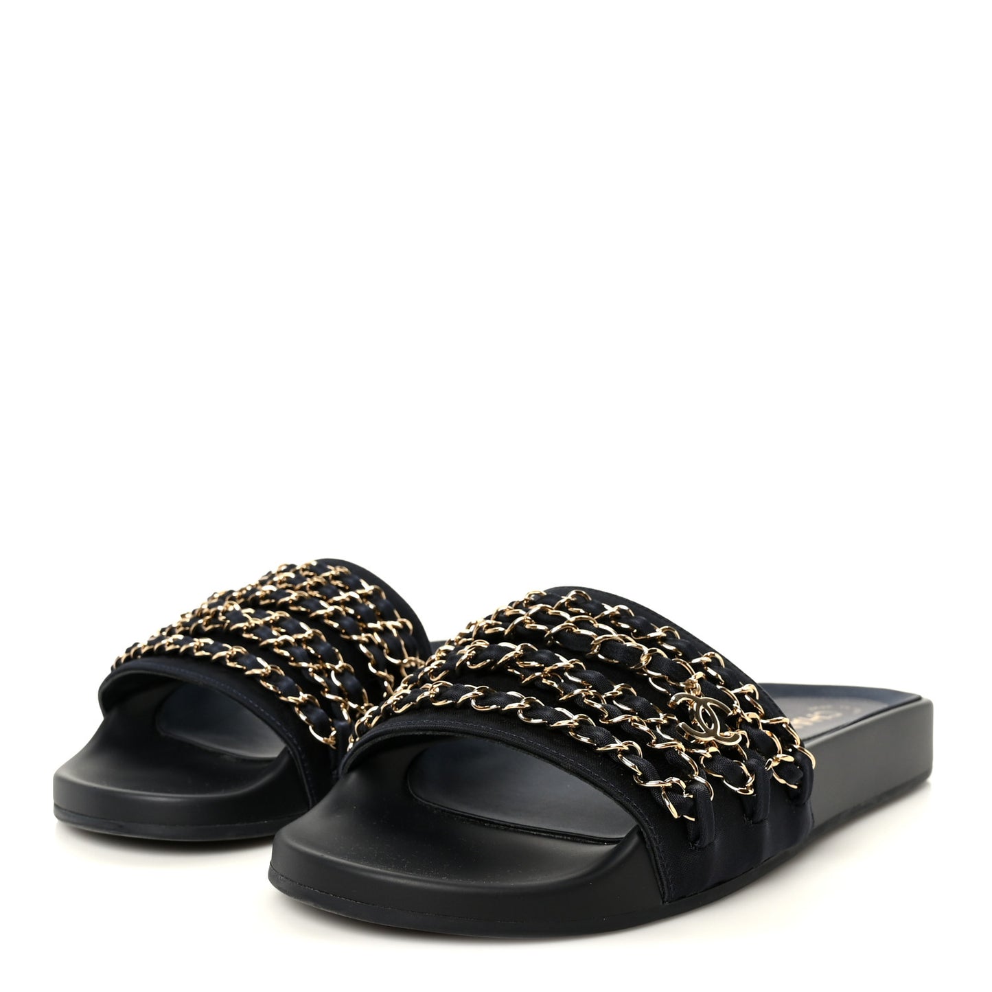 Satin Canvas Chain Slides Sandals Flats 39 Marine