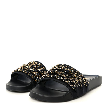 Chanel Satin Canvas Chain Slides Sandals Flats 39 Marine 4 of 10