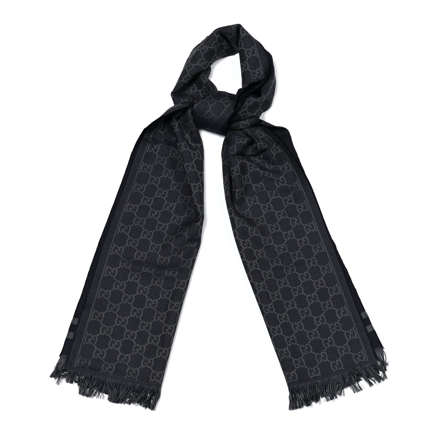 Wool Silk Monogram Fringe Scarf Navy Blue