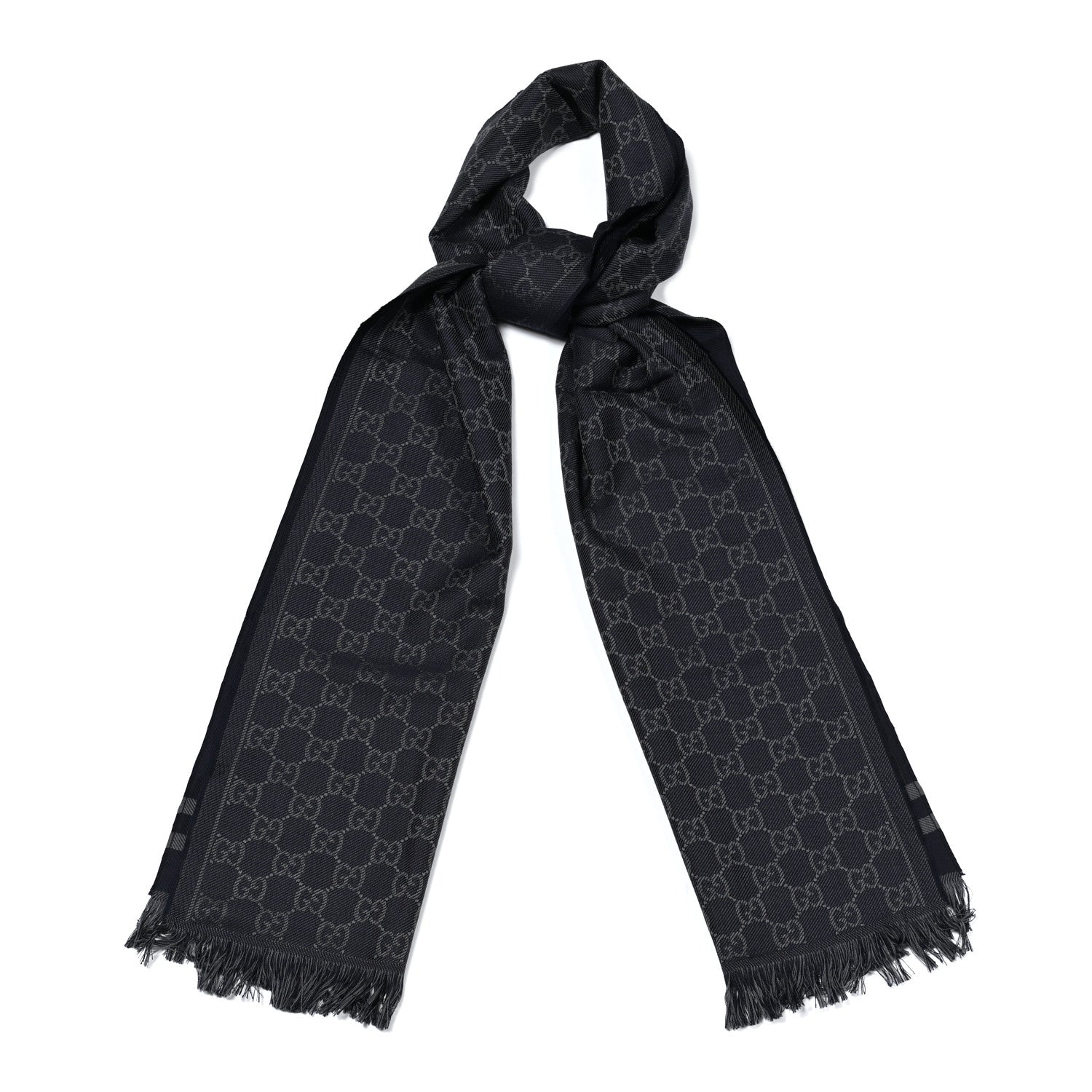 Gucci Wool Silk Monogram Fringe Scarf Navy Blue 1 of 5