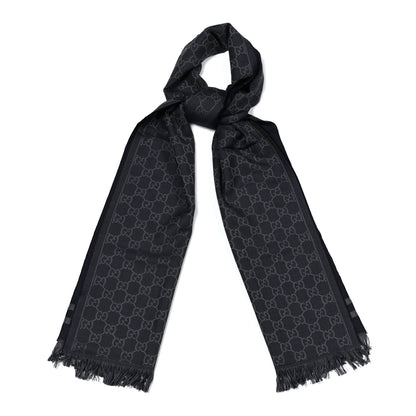 Gucci Wool Silk Monogram Fringe Scarf Navy Blue 1 of 5