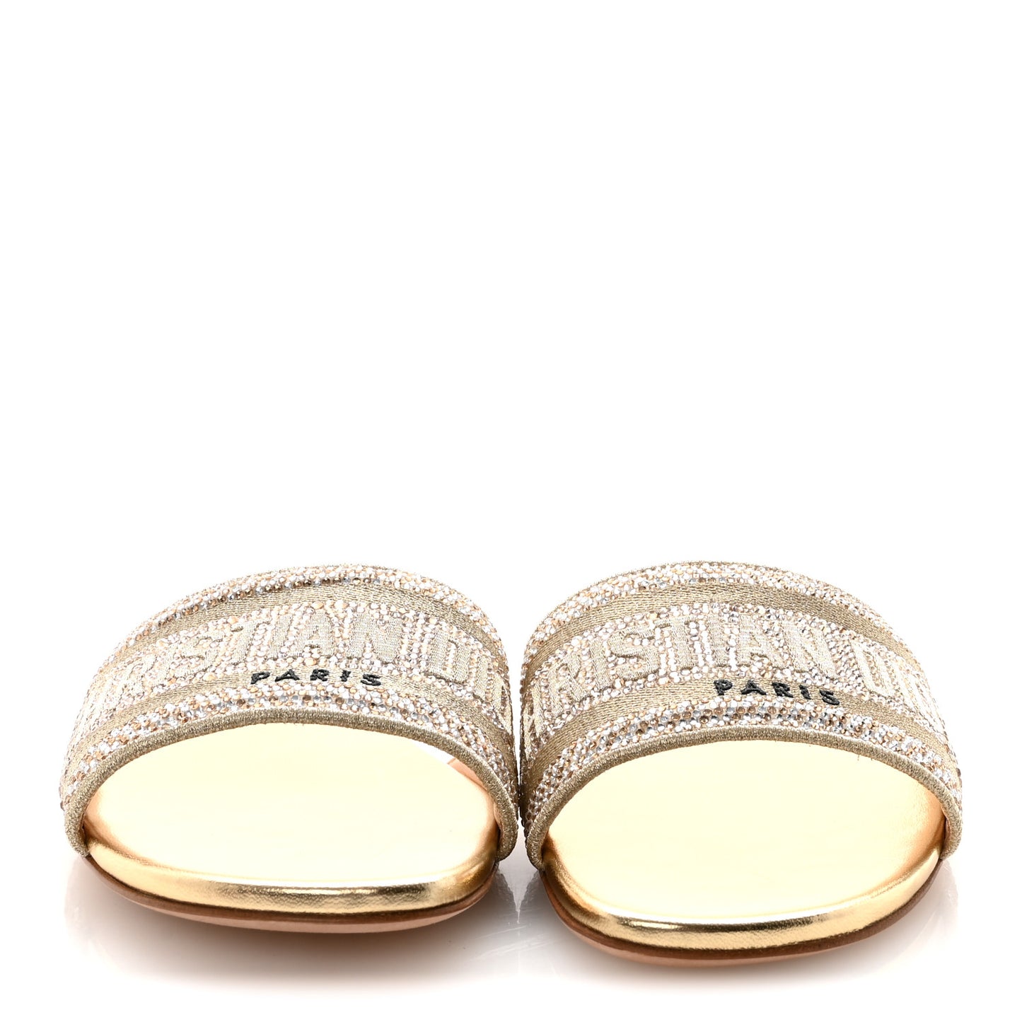 Cotton Laminated Calfskin Strass Embroidered Dway Slide Sandals 37 Gold