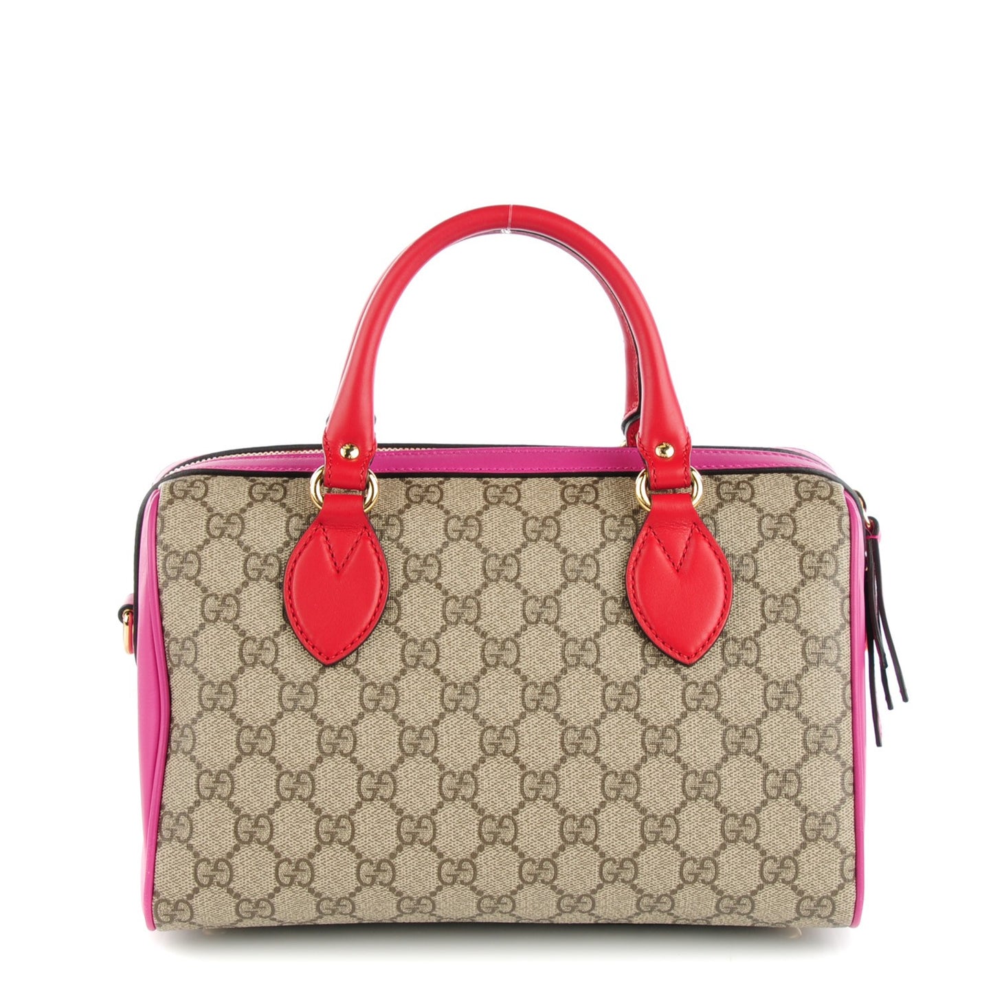 GG Supreme Monogram Moon Calfskin Small Boston Beige Ebony Hibiscus Red New Rosette