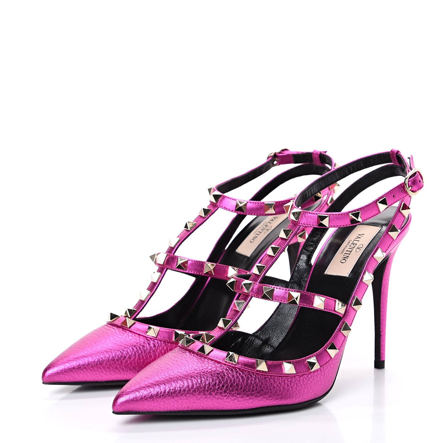 Metallic Pebbled Calfskin Rockstud Ankle Strap Pumps 40.5 Peony