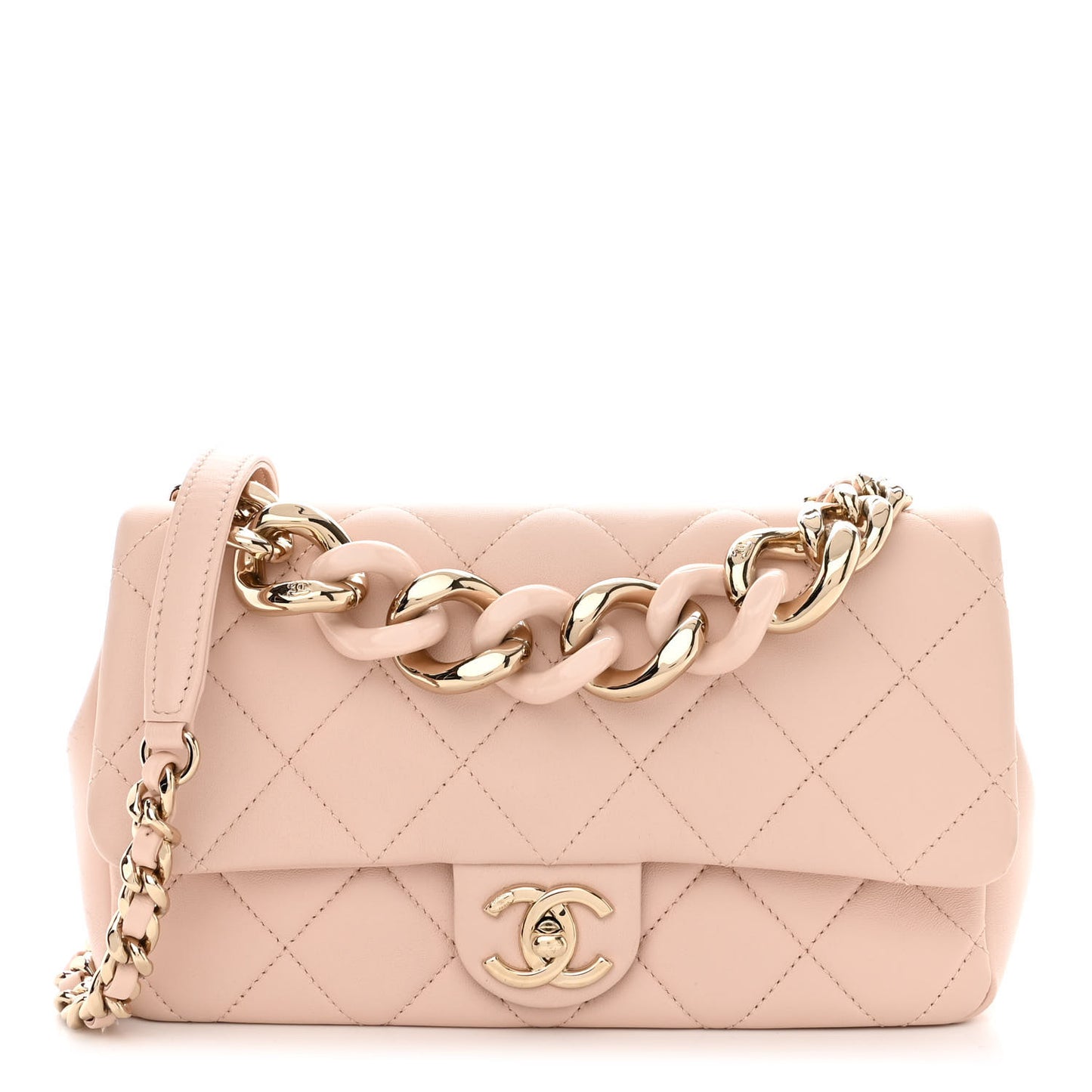Lambskin Quilted Resin Bi-Color Chain Flap Bag Light Beige