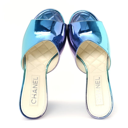 Chanel Laminated Calfskin Wedge Mules 38 Blue Purple 2 of 10