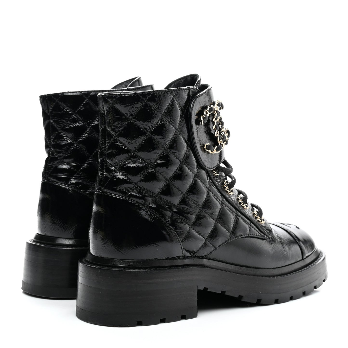 Shiny Calfskin Quilted Lace Up Combat Boots 35.5 Black