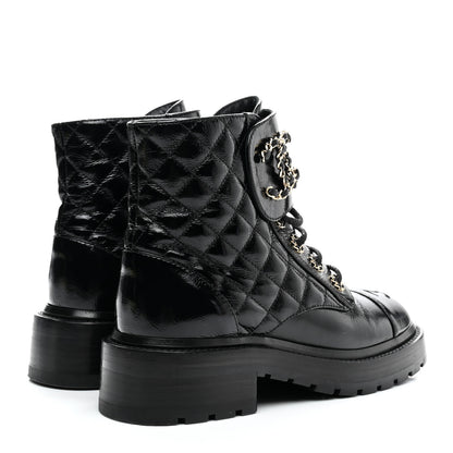Chanel Shiny Calfskin Quilted Lace Up Combat Boots 35.5 Black 4 of 11