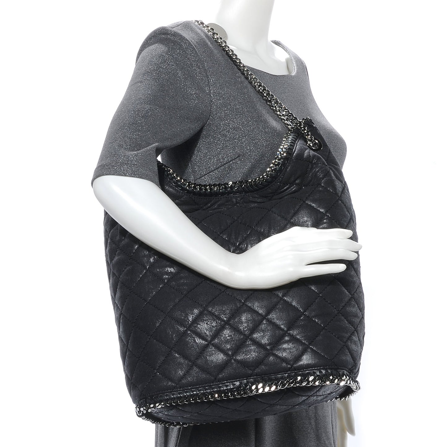 Quilted Faux Leather Large Falabella Bucket Bag Black