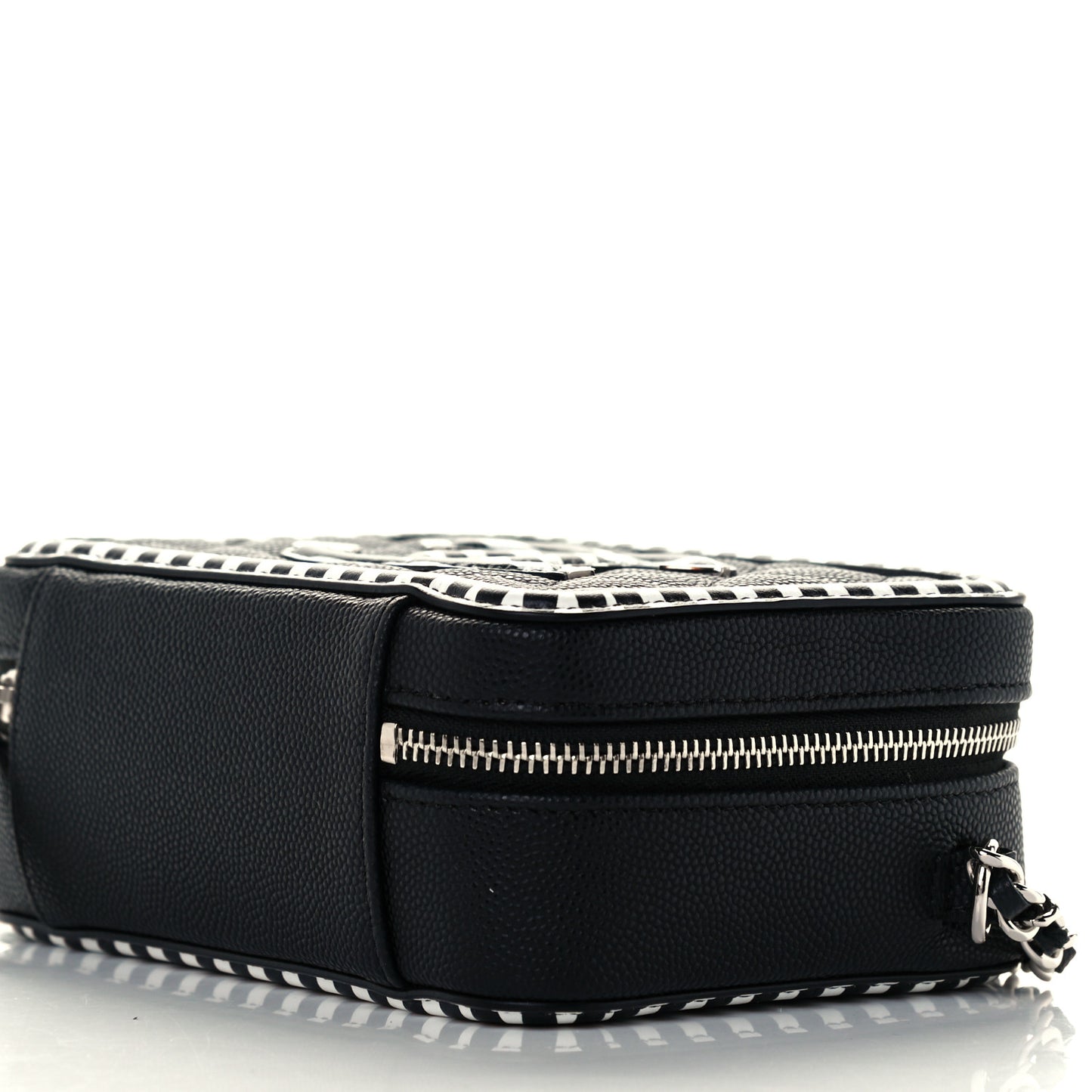 Caviar Quilted Striped Filigree Vanity Clutch With Chain Black White