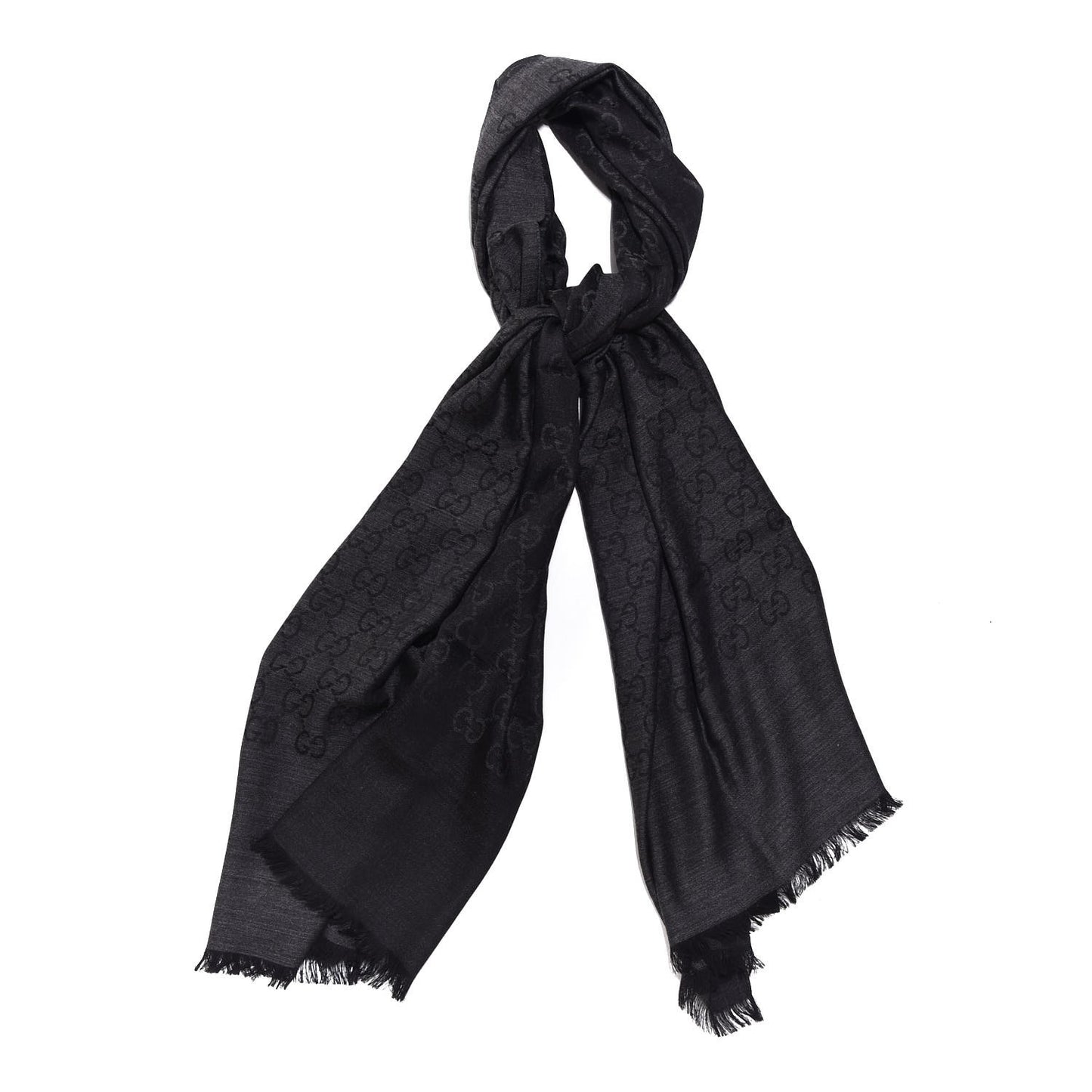 Wool Silk Monogram Fringe Scarf Grey Black