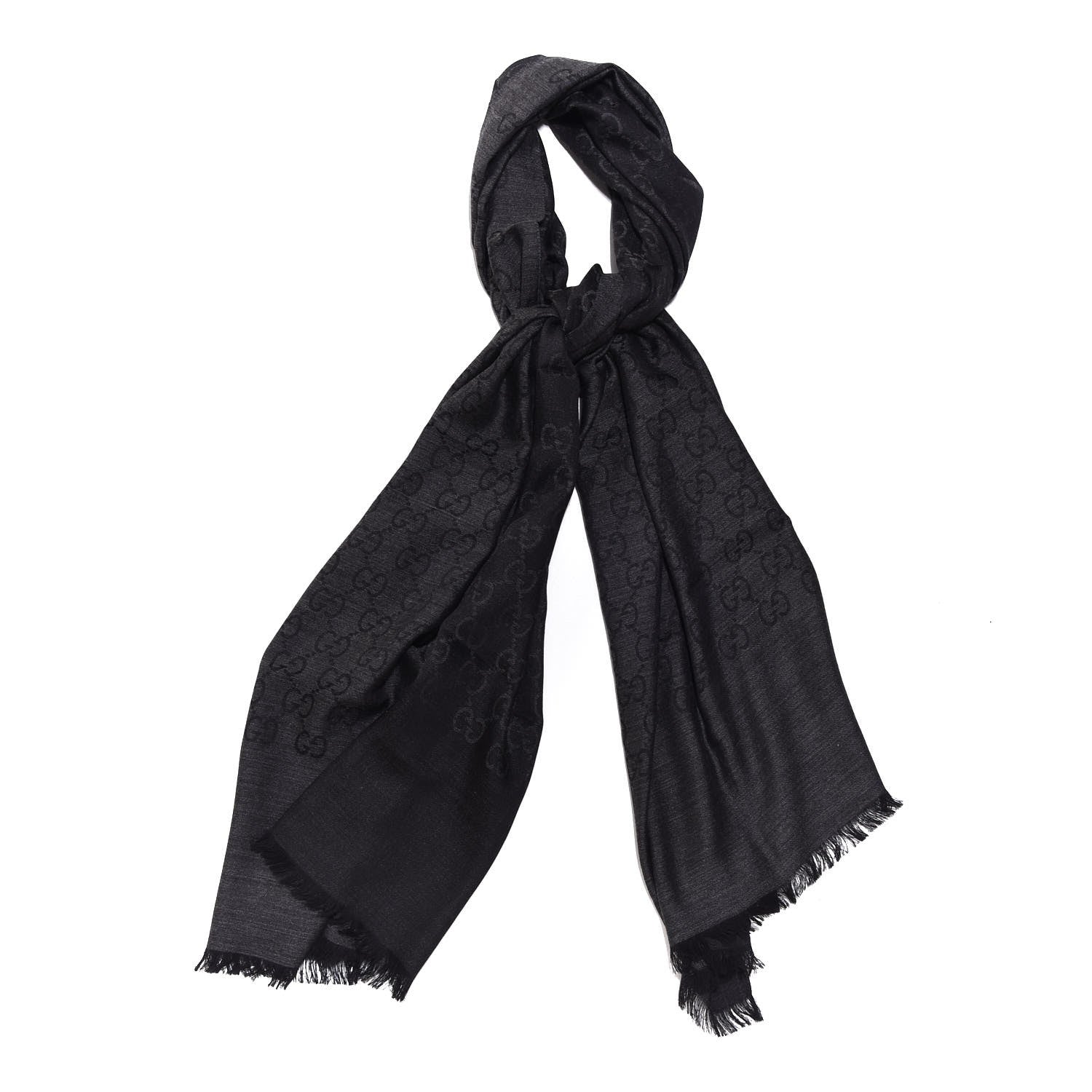 Gucci Wool Silk Monogram Fringe Scarf Grey Black 1 of 5