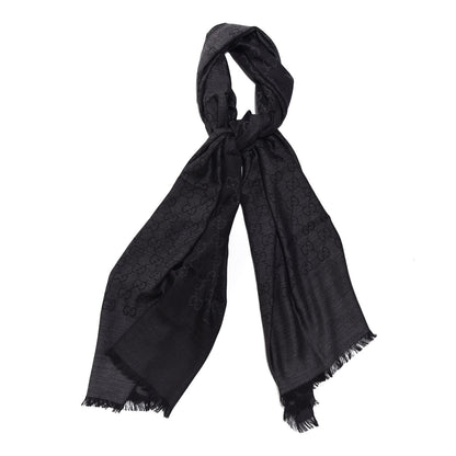 Gucci Wool Silk Monogram Fringe Scarf Grey Black 1 of 5