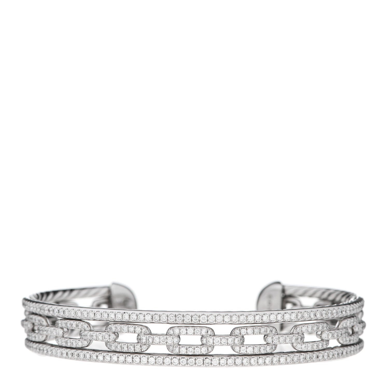 David Yurman 18K White Gold Diamond 3 Row Chain Link Stax Cuff Bracelet 1 of 3