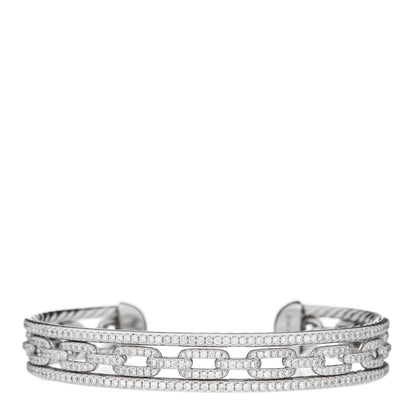David Yurman 18K White Gold Diamond 3 Row Chain Link Stax Cuff Bracelet 1 of 3