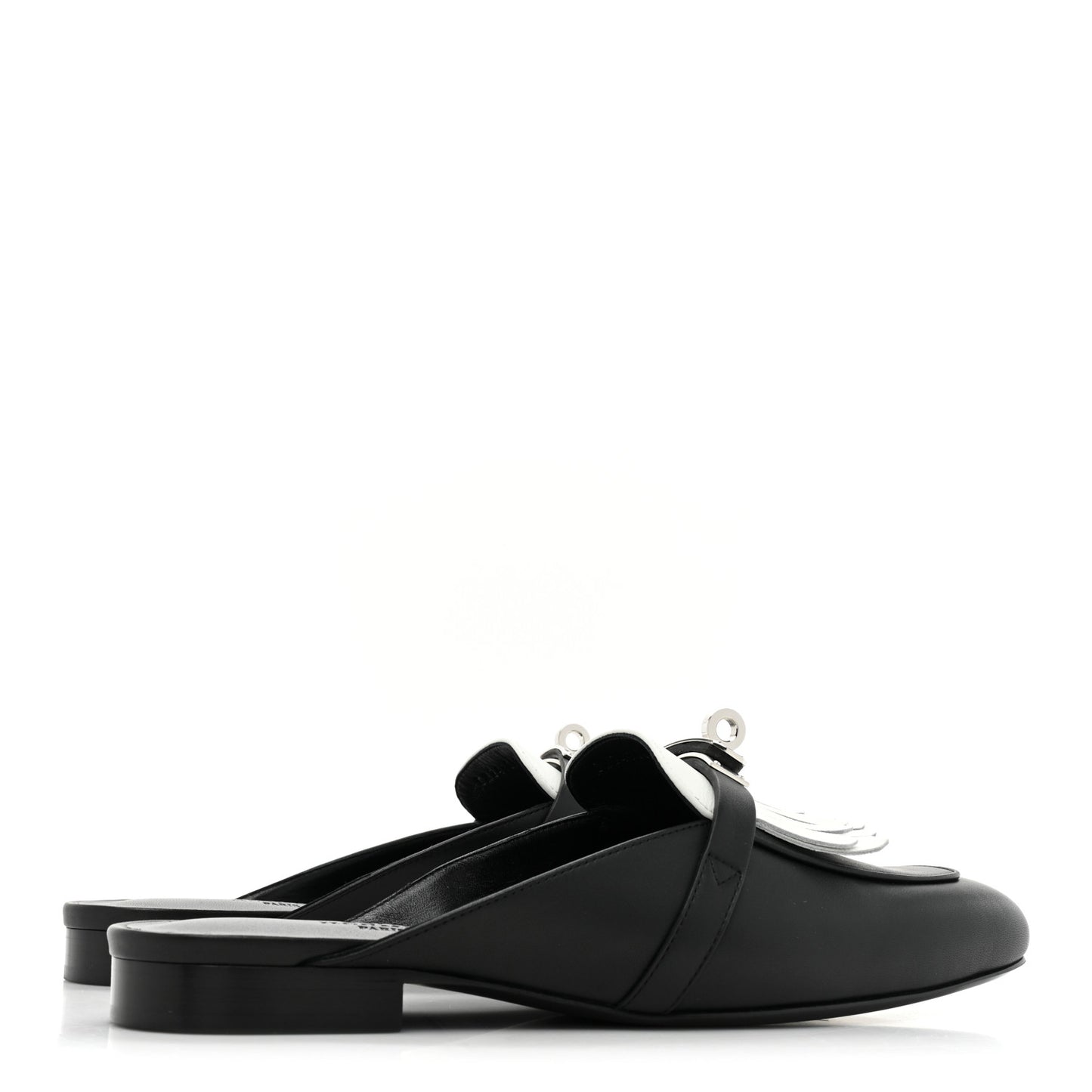 Calfskin Fringe Oz Mules 38 Black White