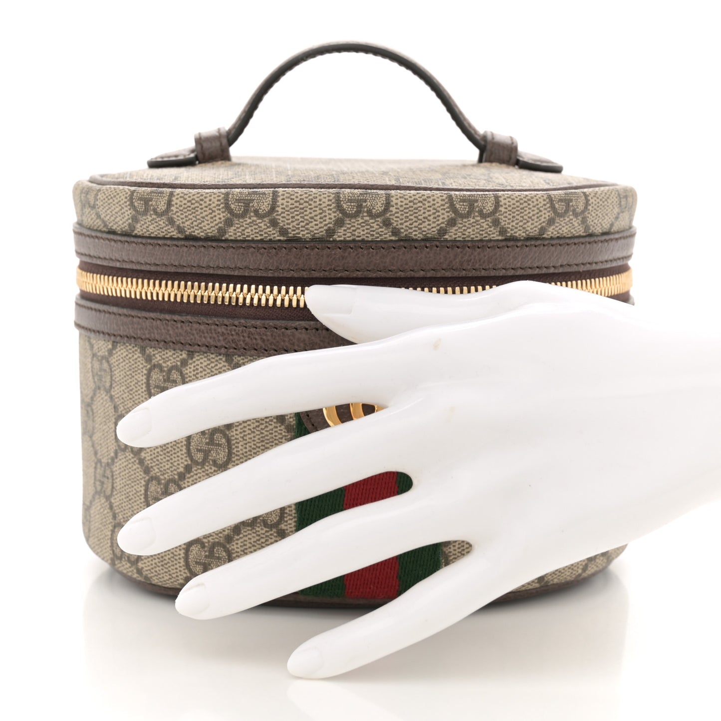 GG Supreme Monogram Textured Calfskin Web Ophidia Vanity Cosmetic Case Beige Ebony New Acero
