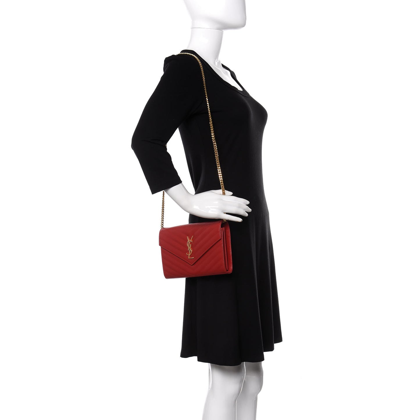 Grain De Poudre Matelasse Chevron Monogram Chain Wallet Red