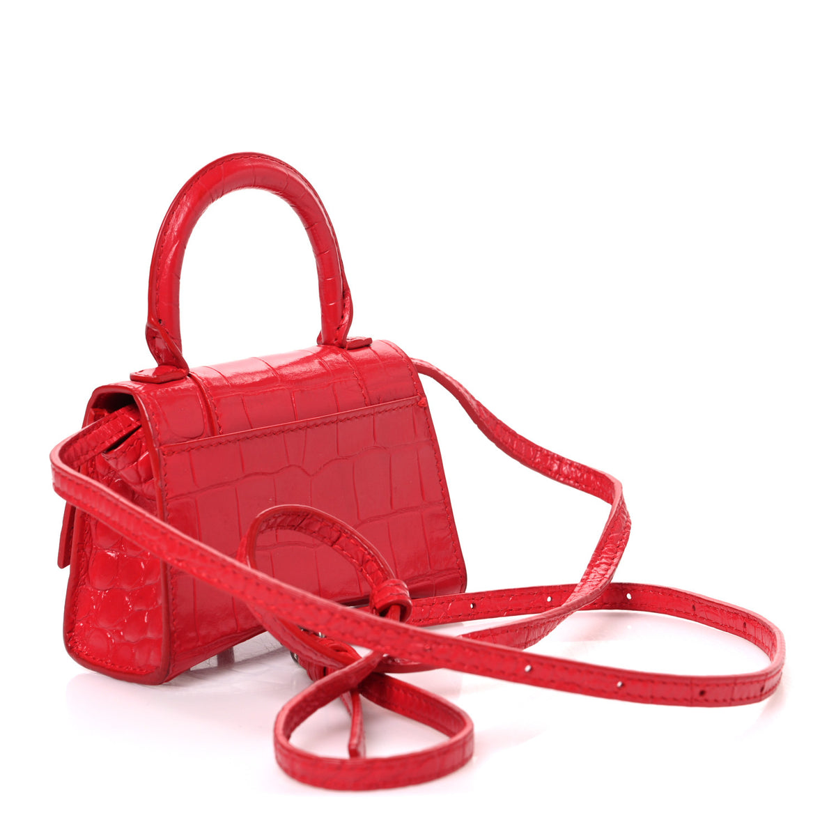 Shiny Calfskin Tonal B Crocodile Embossed Hourglass Top Handle Bag Mini Bright Red