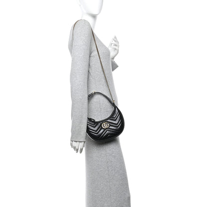 Gucci Calfskin Matelasse Chevron Mini GG Marmont Half Moon Hobo Black 2 of 10