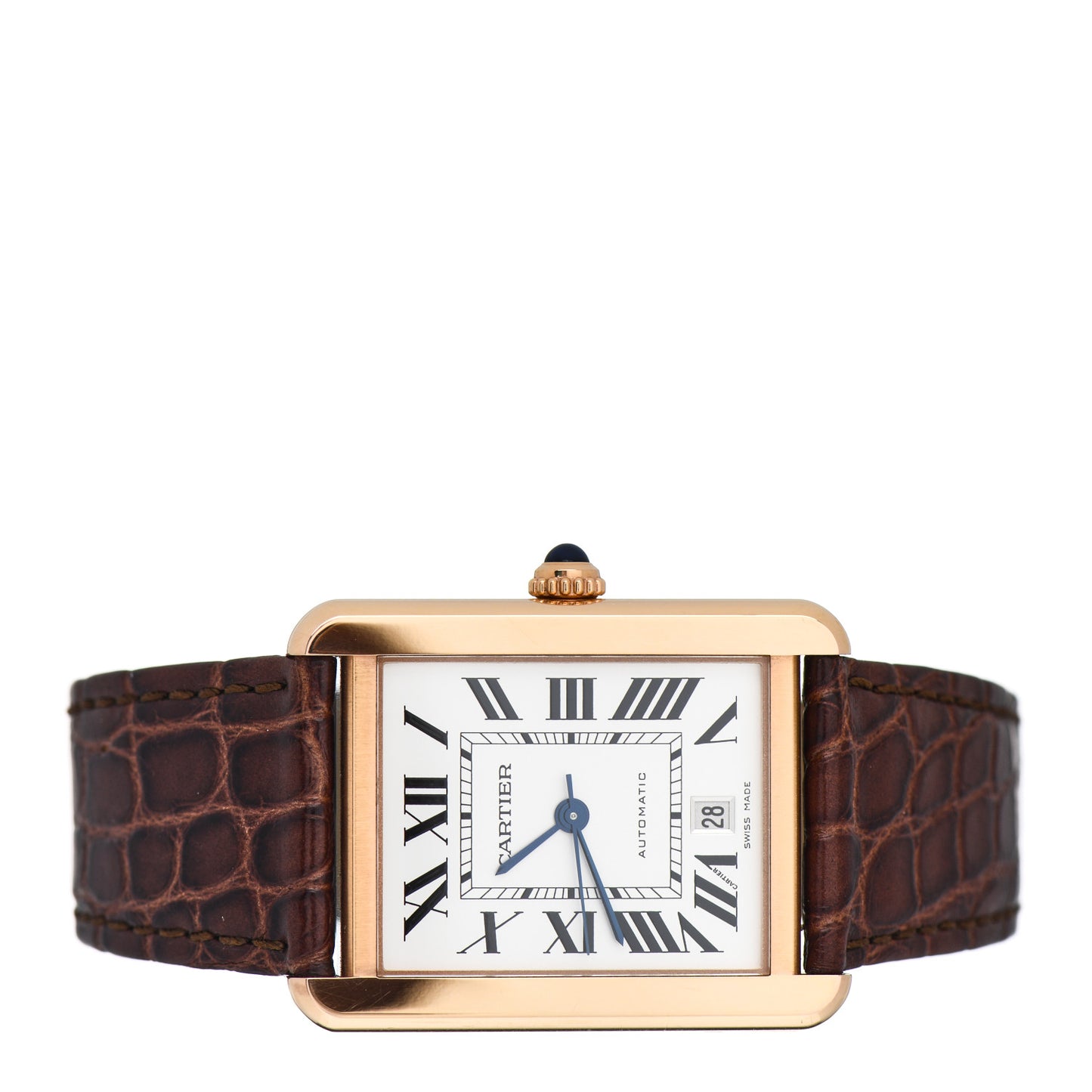 Stainless Steel 18K Pink Gold Alligator 31mm Tank Solo Automatic Watch Brown