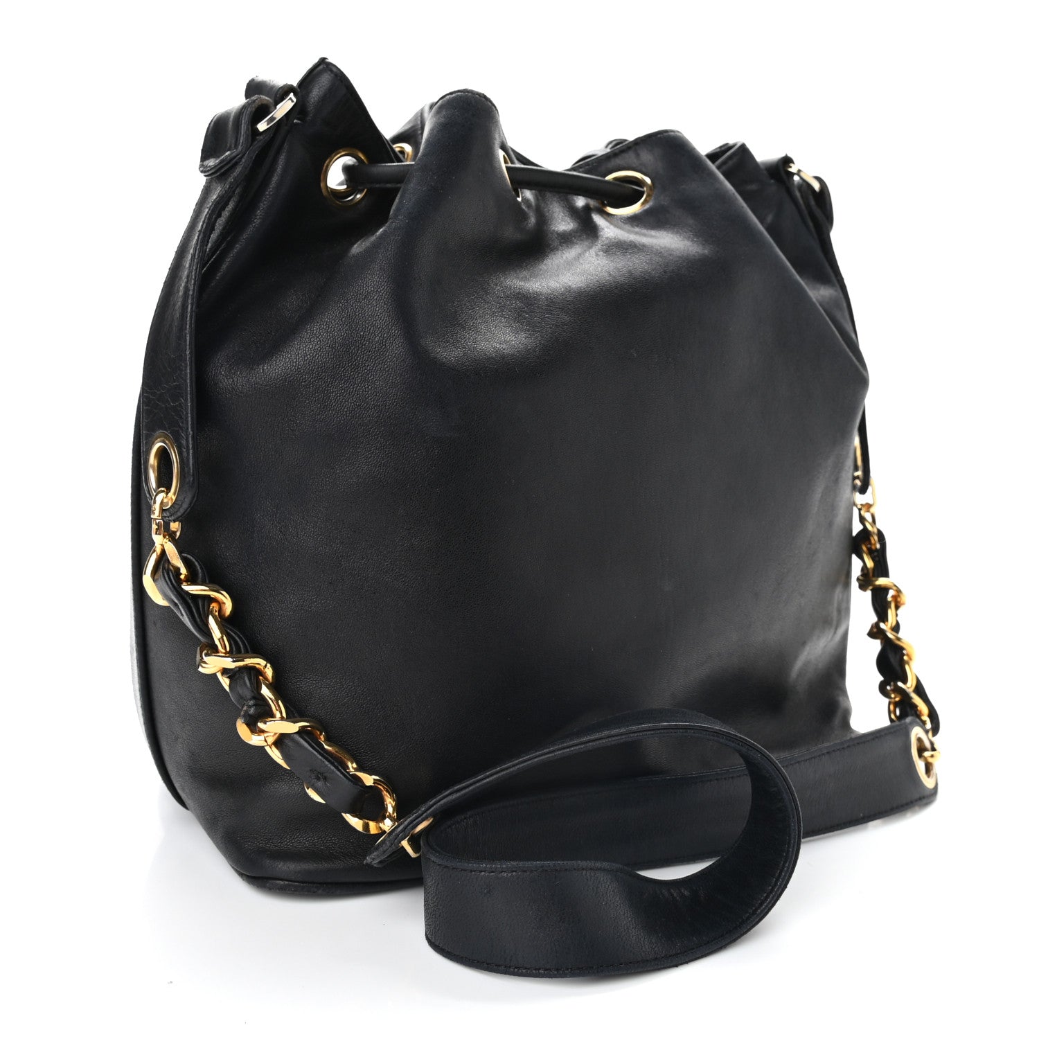 Chanel Lambskin CC Stitched Drawstring Bucket Bag Black 4 of 13