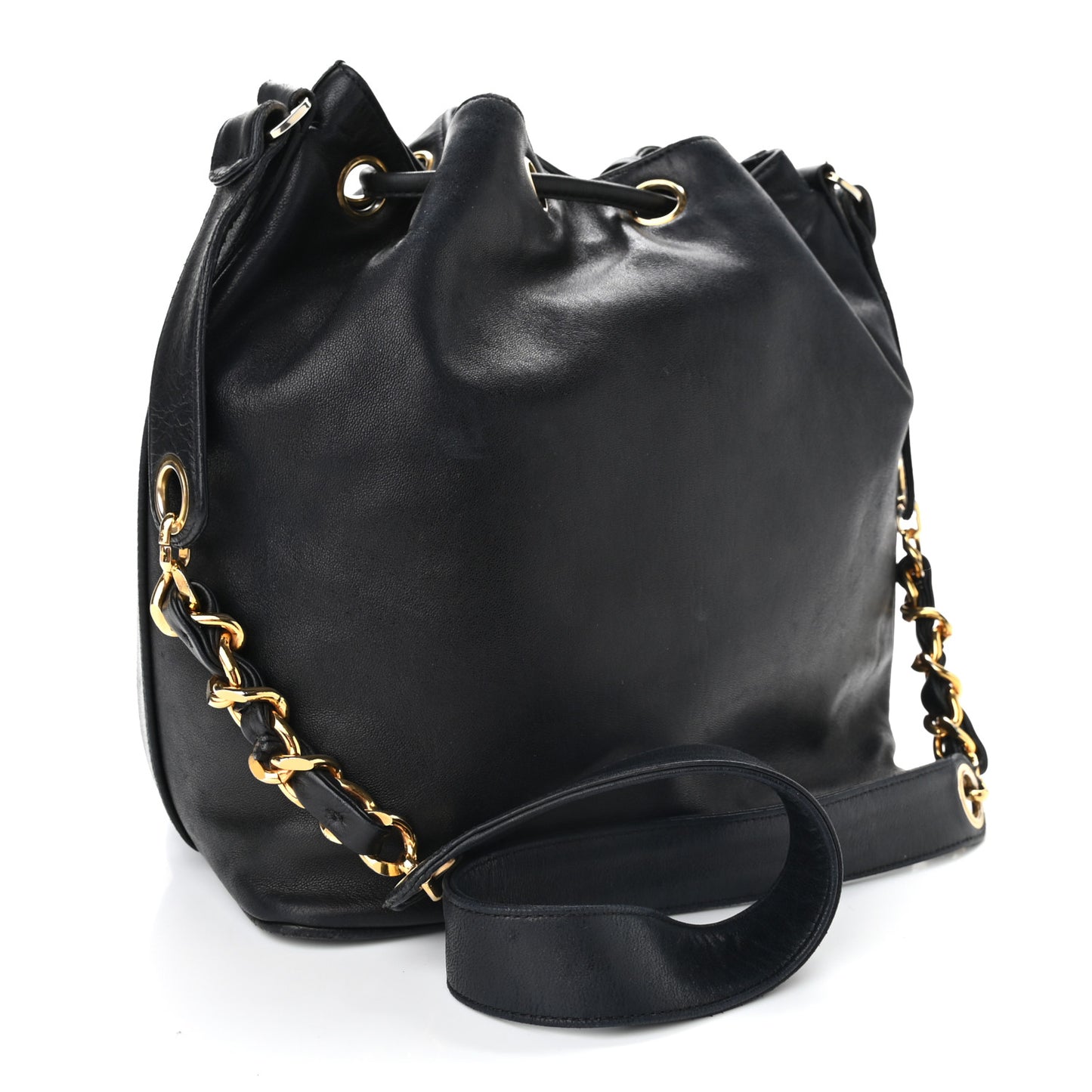 Lambskin CC Stitched Drawstring Bucket Bag Black