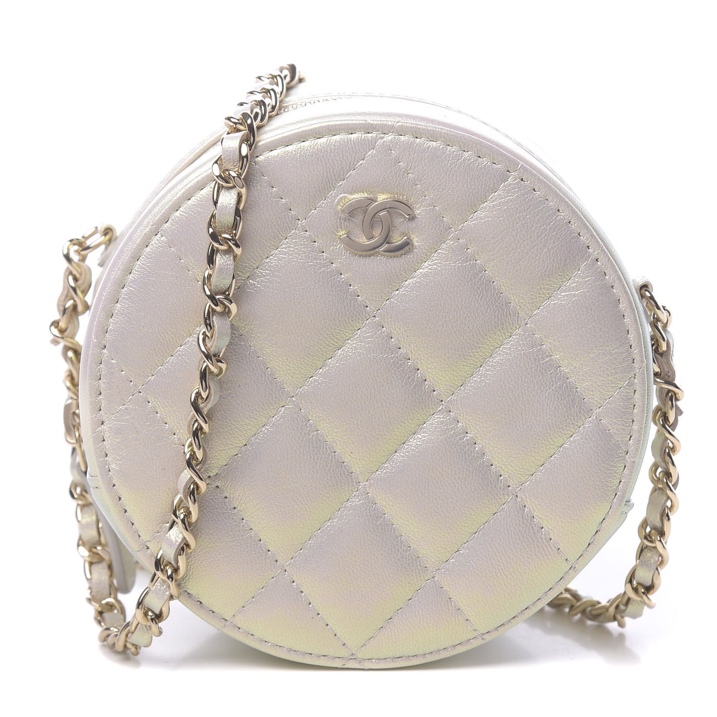 Iridescent Lambskin Quilted Round Clutch With Chain Ivory