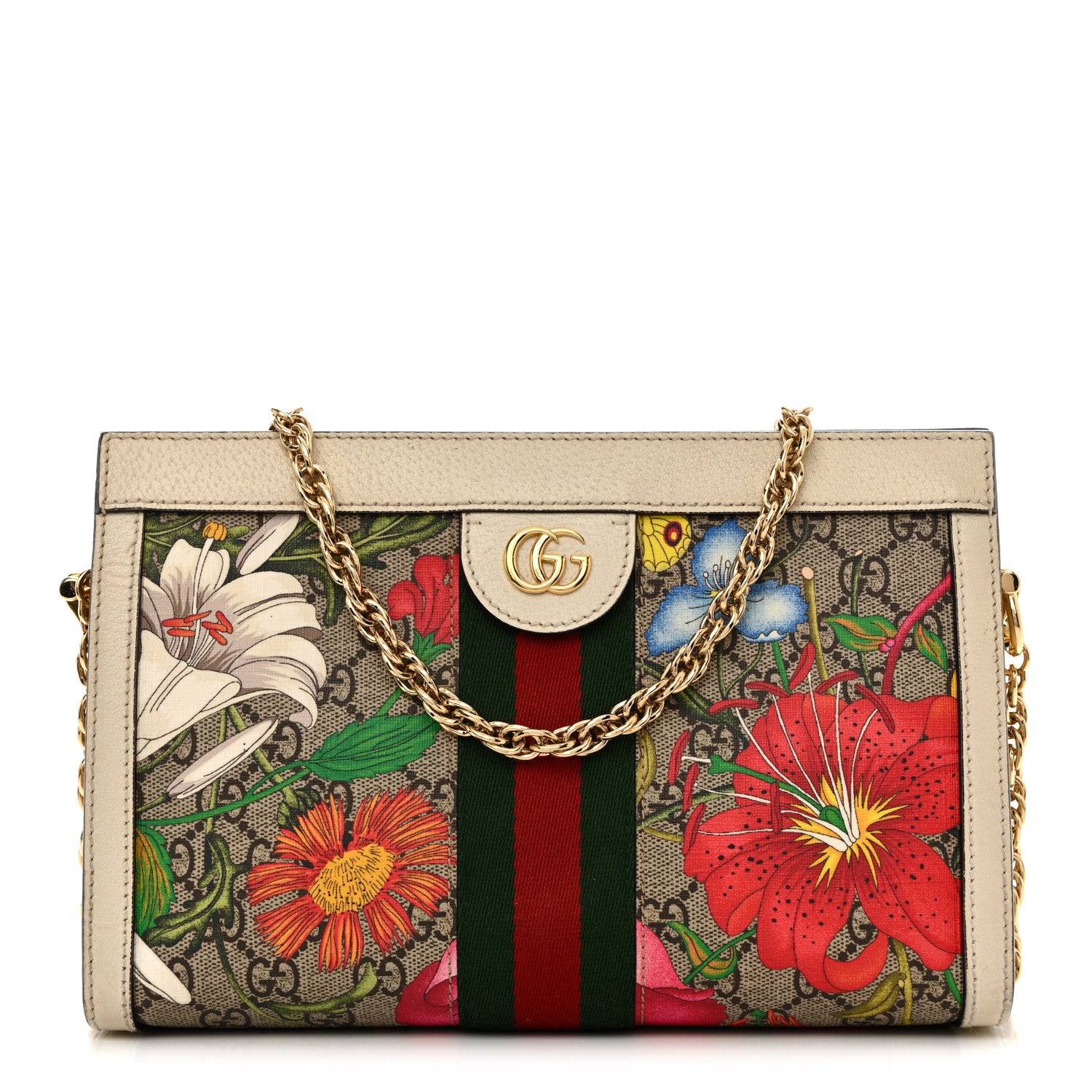 Gucci GG Supreme Monogram Flora Web Small Ophidia Chain Shoulder Bag White 1 of 14