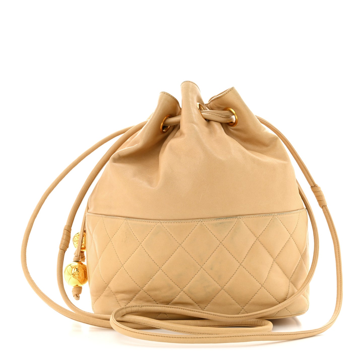 Lambskin Quilted Drawstring Bucket Bag Beige