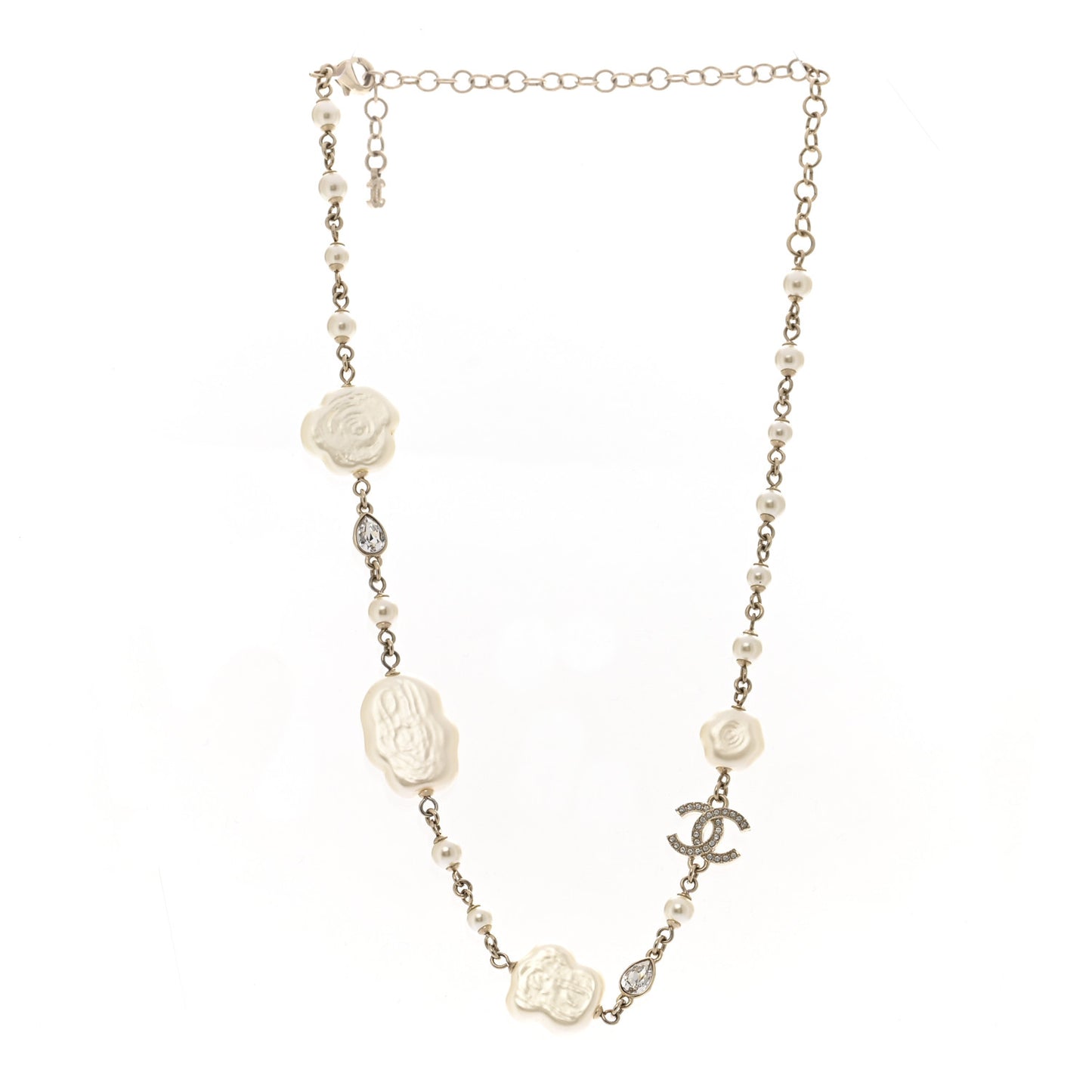 Pearl Crystal Camellia CC Necklace Gold