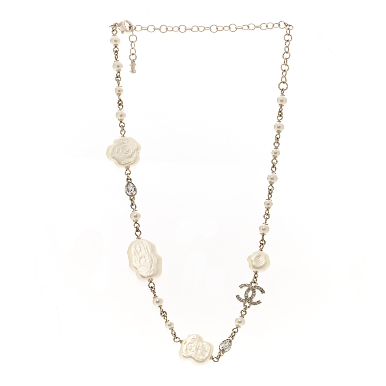 Chanel Pearl Crystal Camellia CC Necklace Gold 3 of 6